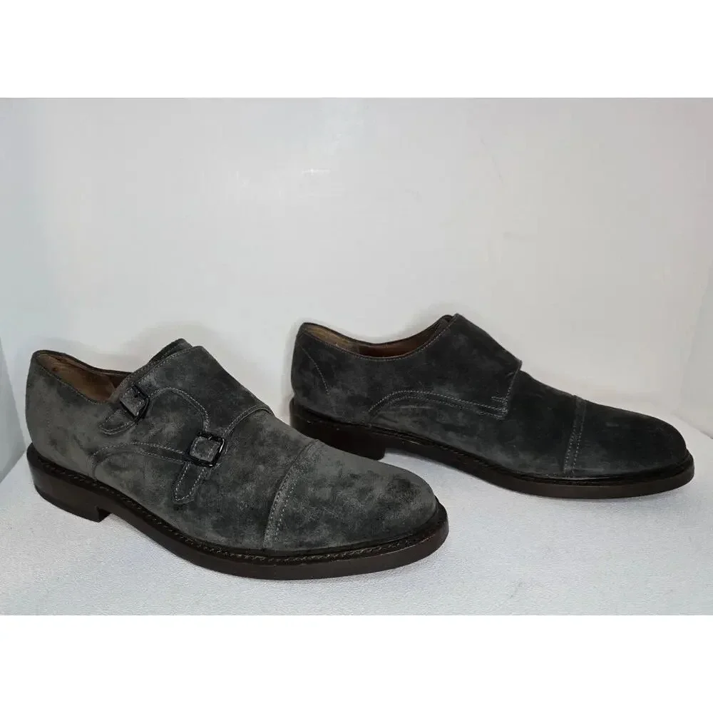 Men Frye James Double Monk Strap Loafers 81123 Sz 8.5 D Gray Suede Cap Toe Shoes
